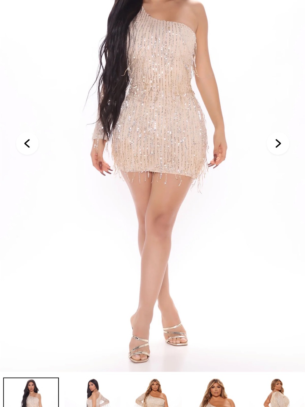 One-Shoulder Sequin Fringe Mini Dress in Champagne